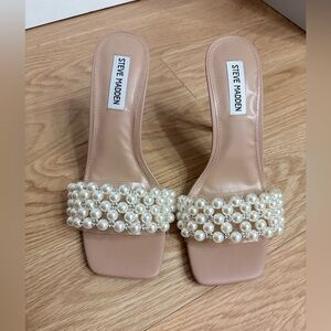 Steve Madden Pearl Embellished Heeled Sandals Nude Blush Slip-On Size 8M